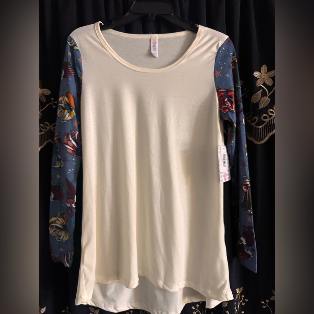 Cream Long Sleeve Tee with Floral Patterned Sleeves